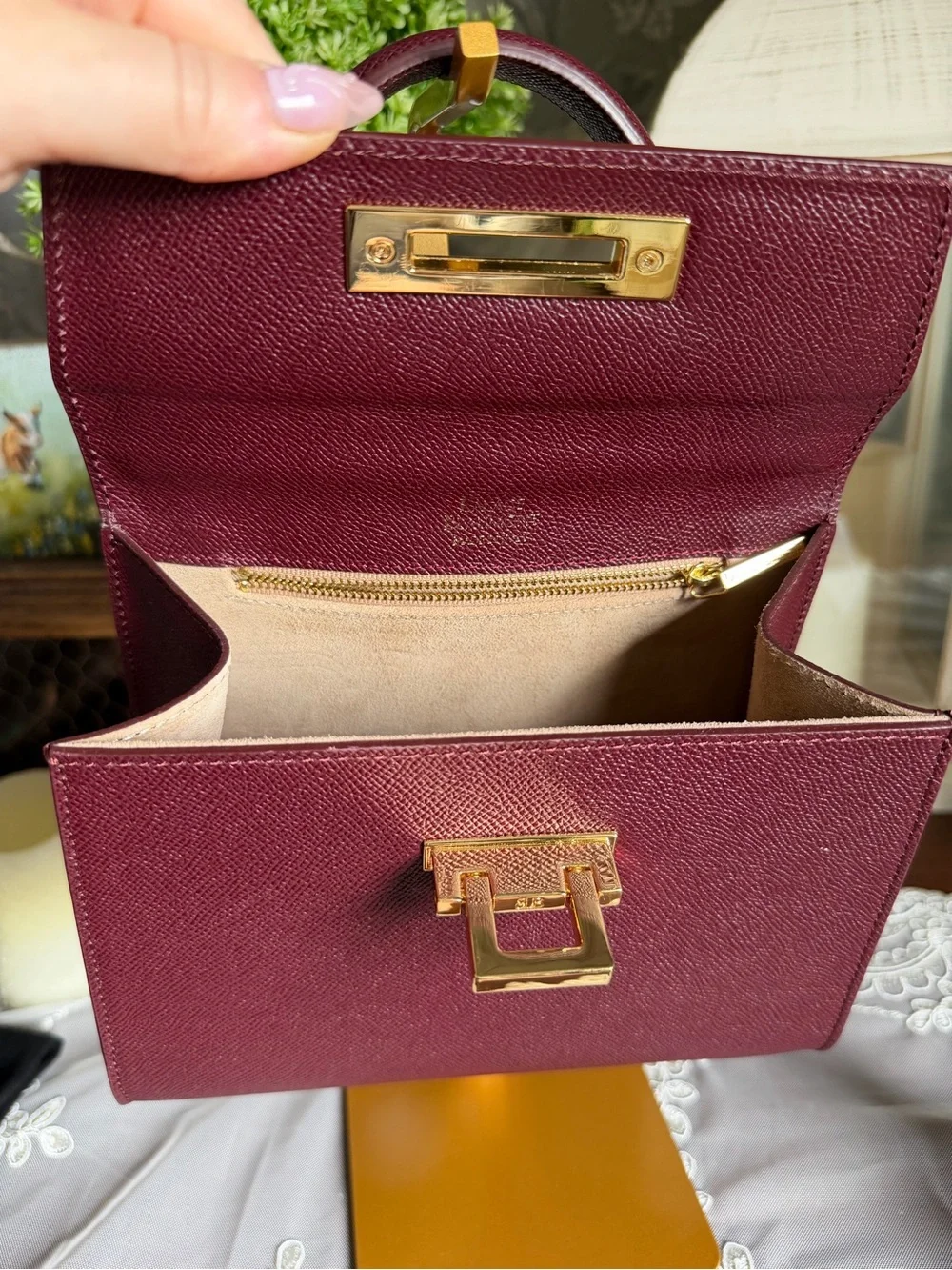 Lalage Beaumont Wine Fonteyn Mignon Leather Top-Handle Leather Satchel Purse Bag